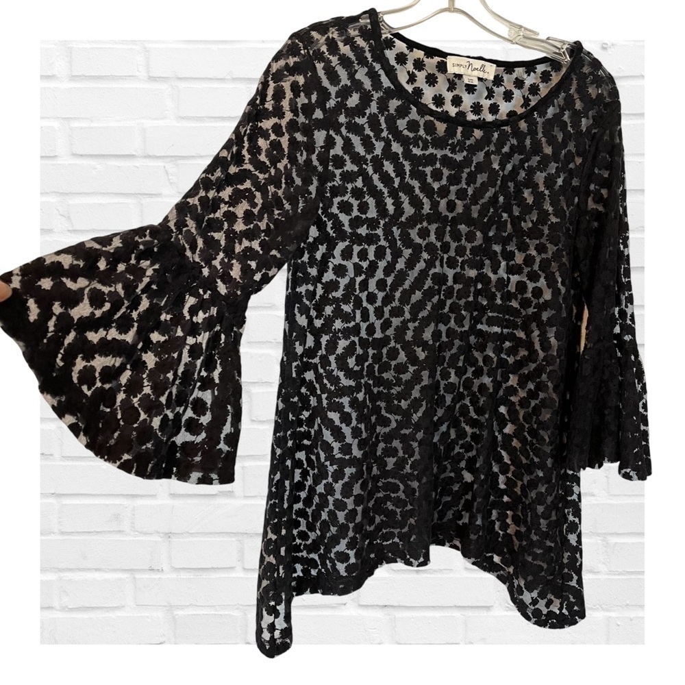 Simply Noelle Black Sheer Lace Fairy Bell Sleeve Whimsigoth Coachella Goth Mesh